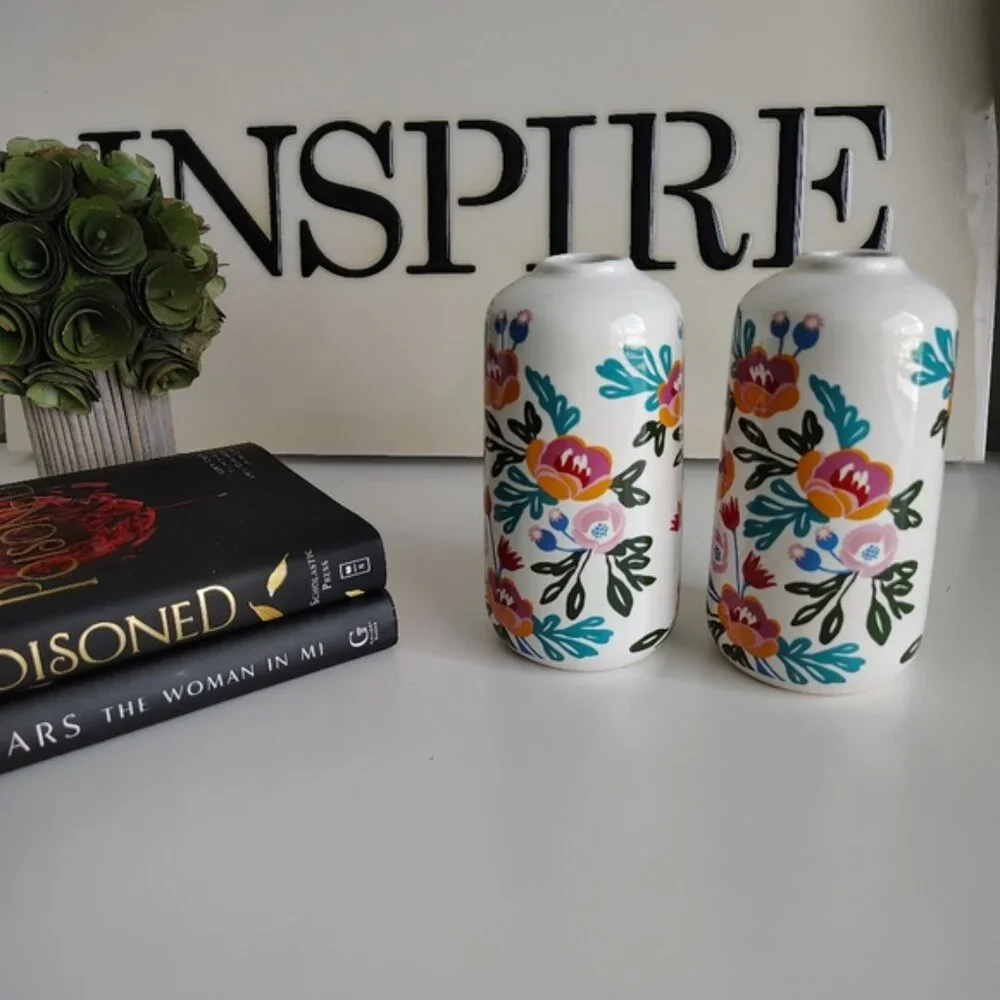 Scandinavian Folk Art Floral Ceramic Vase Glossy White Decorative Vase